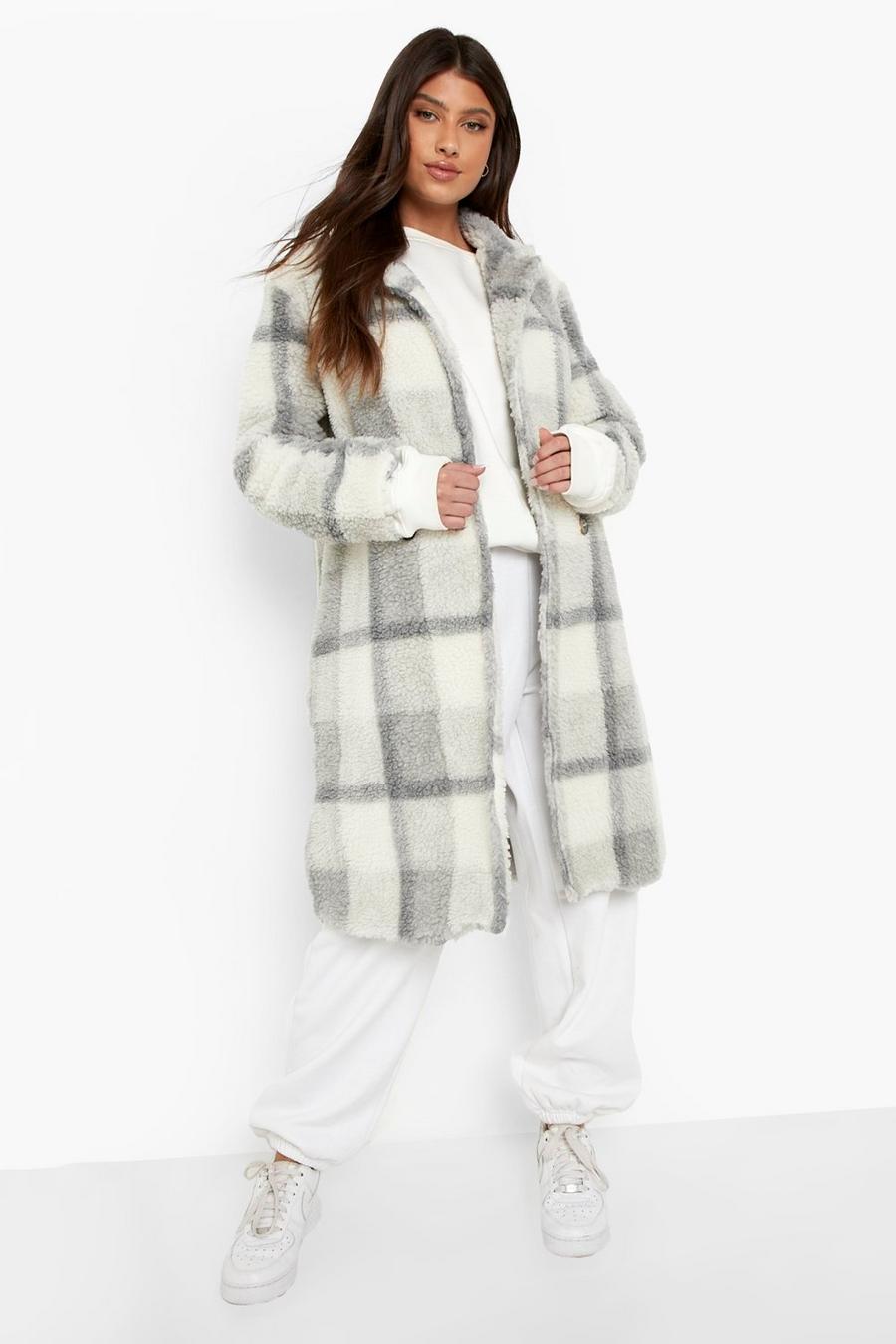 Grey Teddy Faux Fur Check Coat image number 1