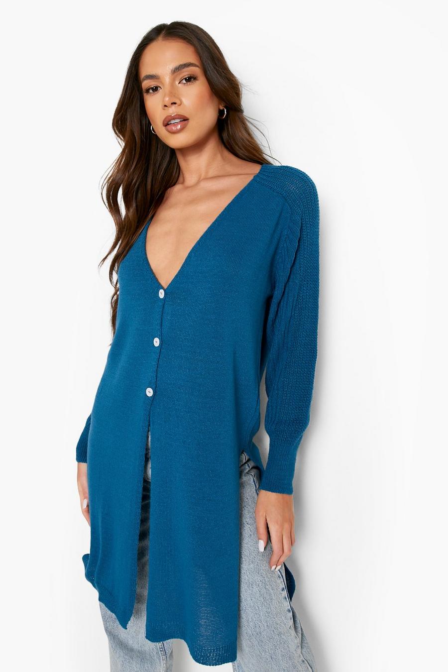 Cardigan maxi con maniche a coste, Teal gerde image number 1