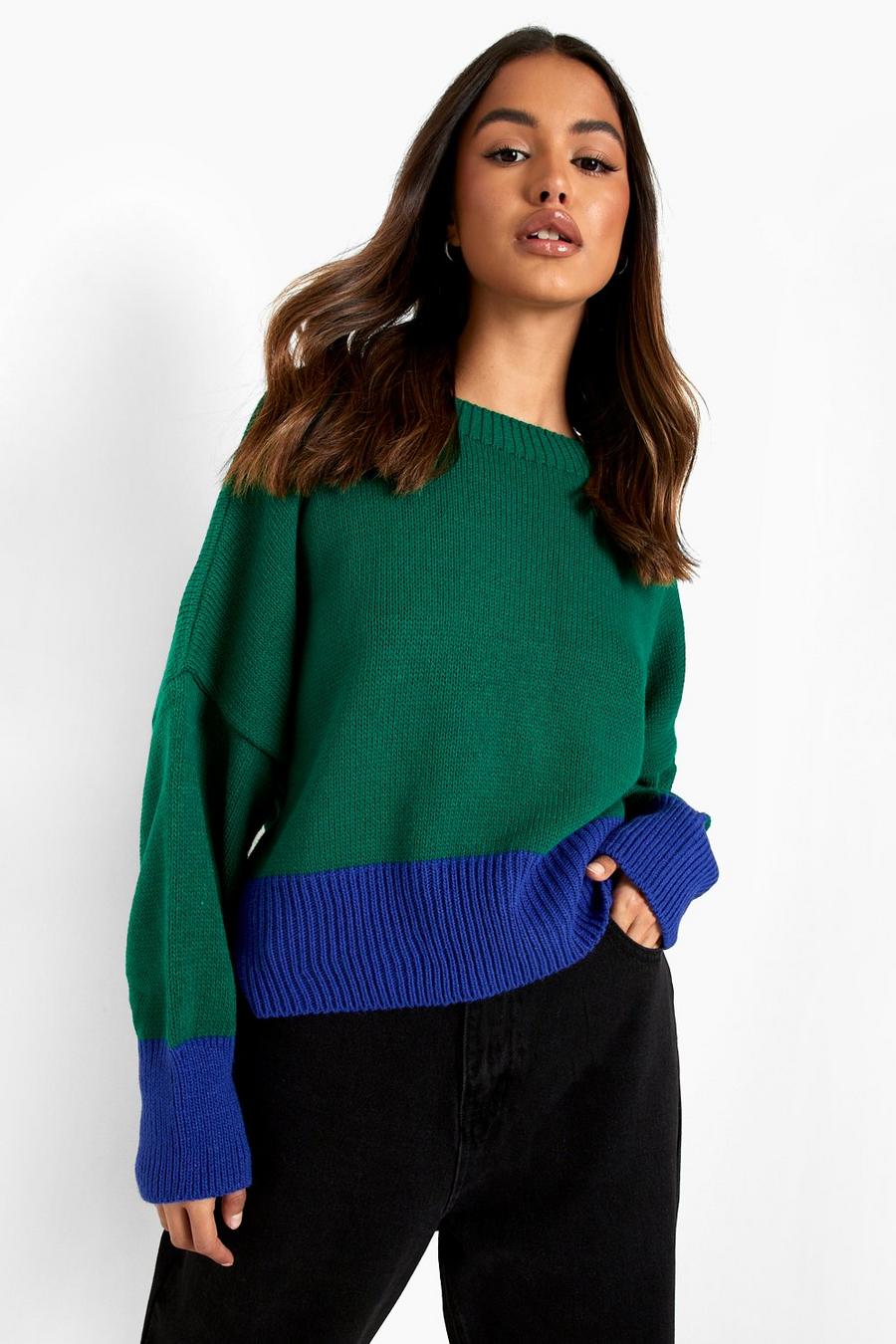 Green Color Block Crop Sweater image number 1