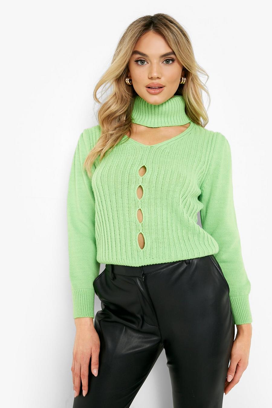 Green Cut Out Detail Turtleneck Sweater image number 1