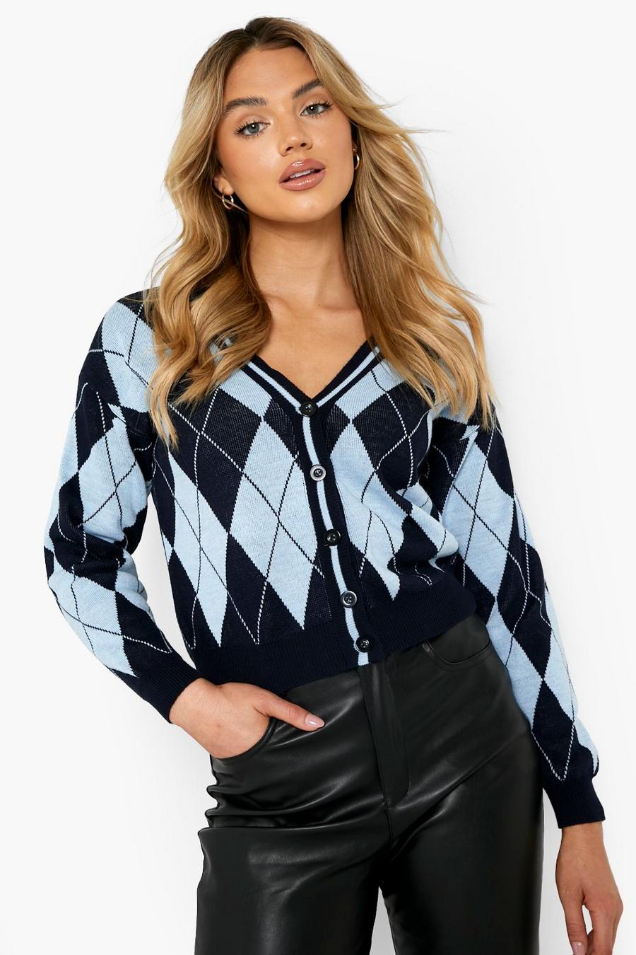 Navy Check Cropped Cardigan image number 1