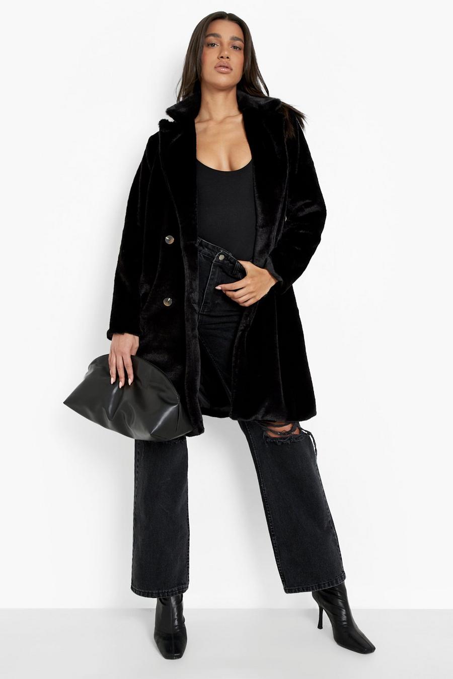 Black Faux Fur Double Breasted Coat image number 1