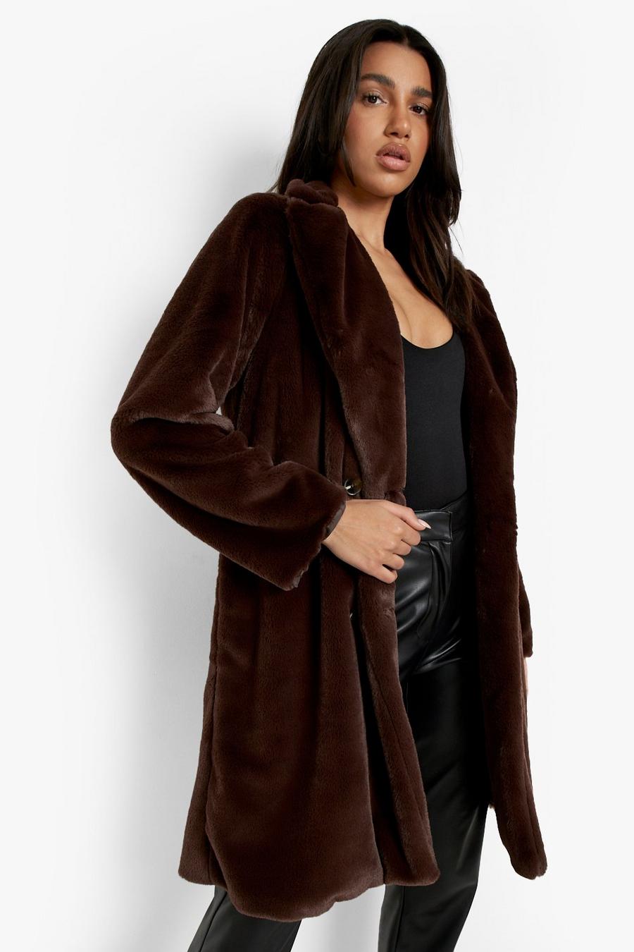 Chocolate Faux Fur Double Breasted Coat image number 1