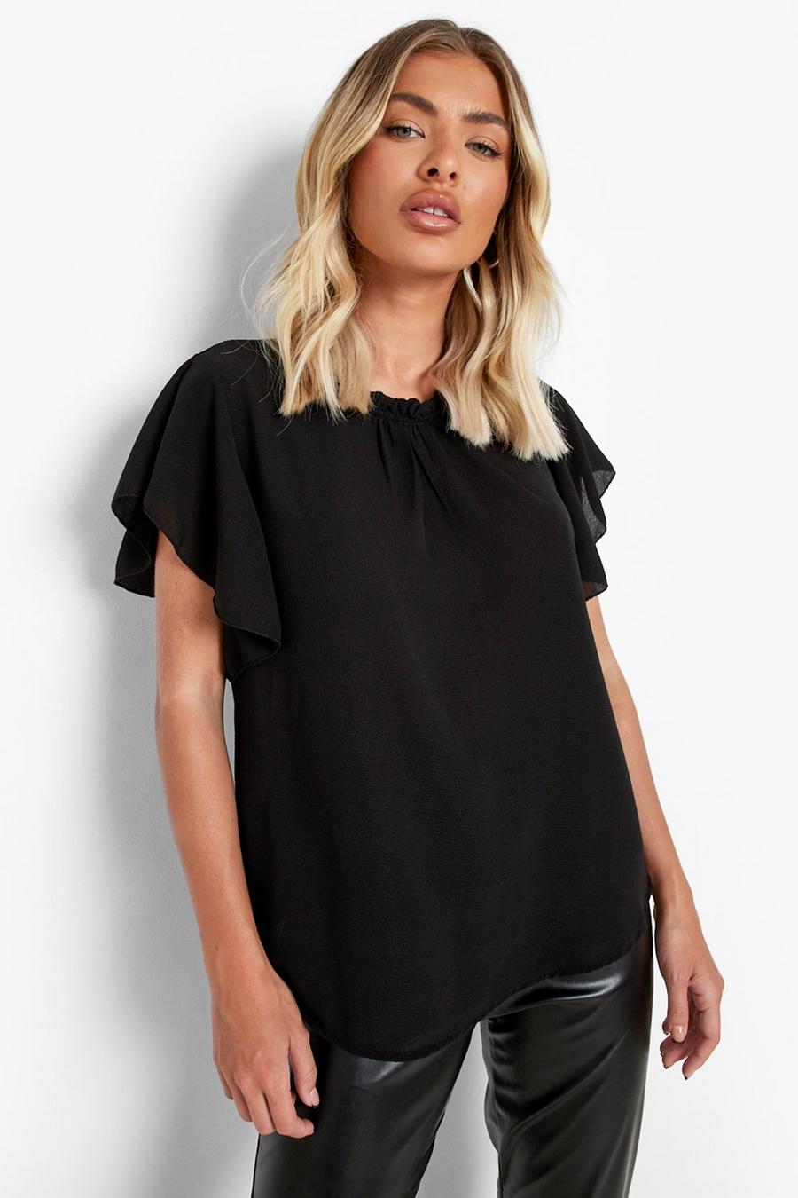 Black Woven Frill Sleeve And Neck Blouse image number 1