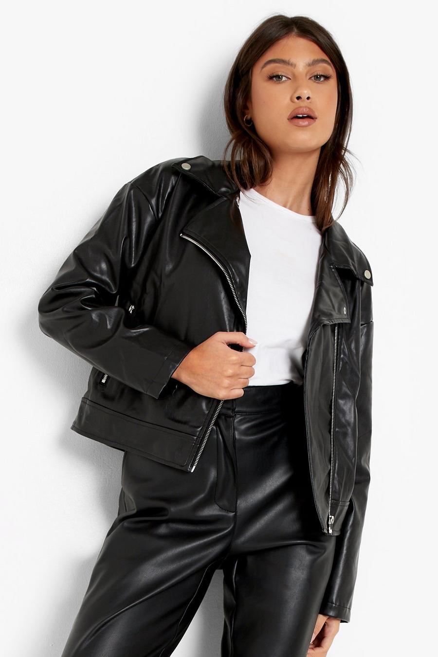 Black Collared Faux Leather Moto Jacket image number 1