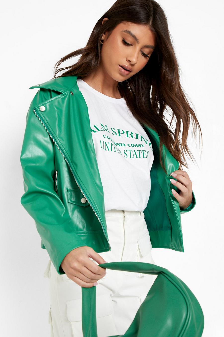 Green Collared Faux Leather Moto Jacket image number 1