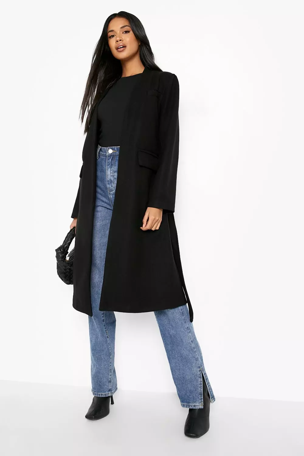 Belted Collarless Wool Look Coat