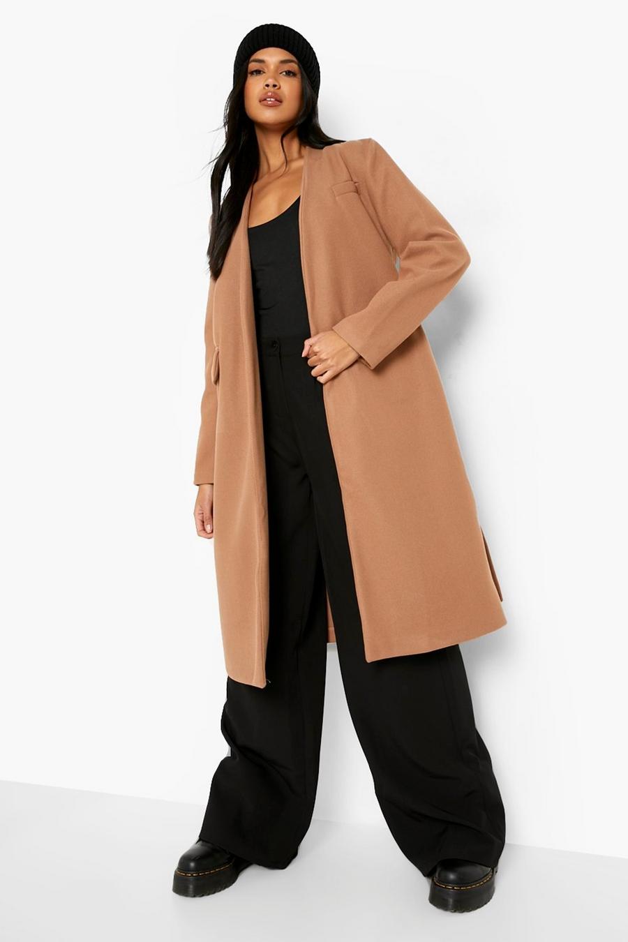 Camel Belted Collarless Wool Look Coat image number 1