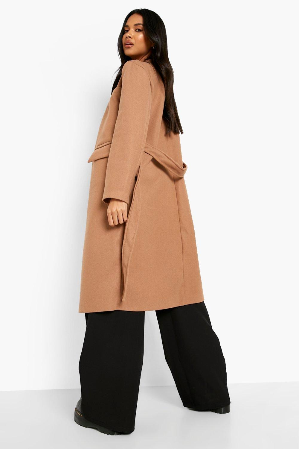 Belted Collarless Wool Look Coat