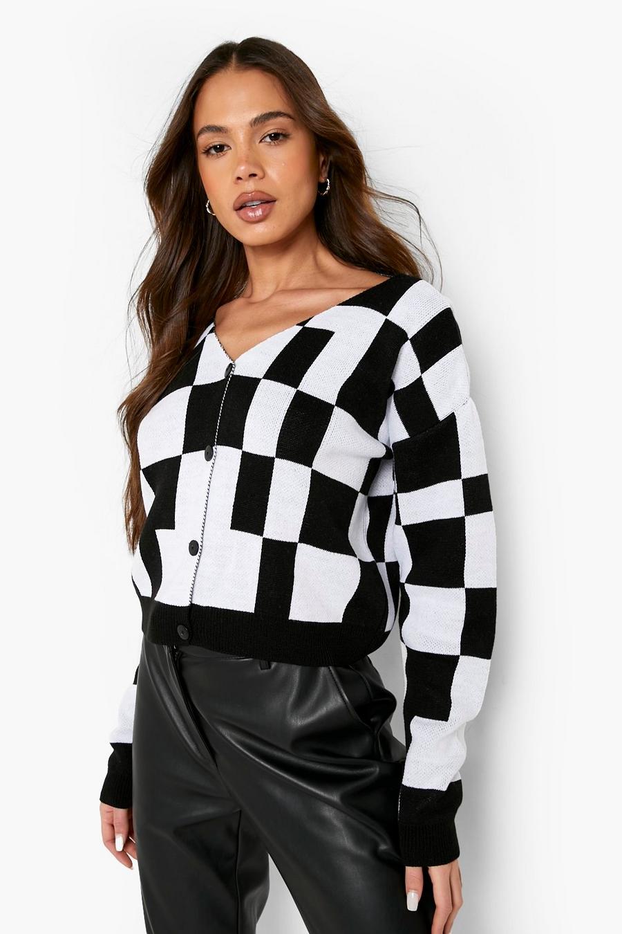 Black Abstract Check Cropped Cardigan image number 1