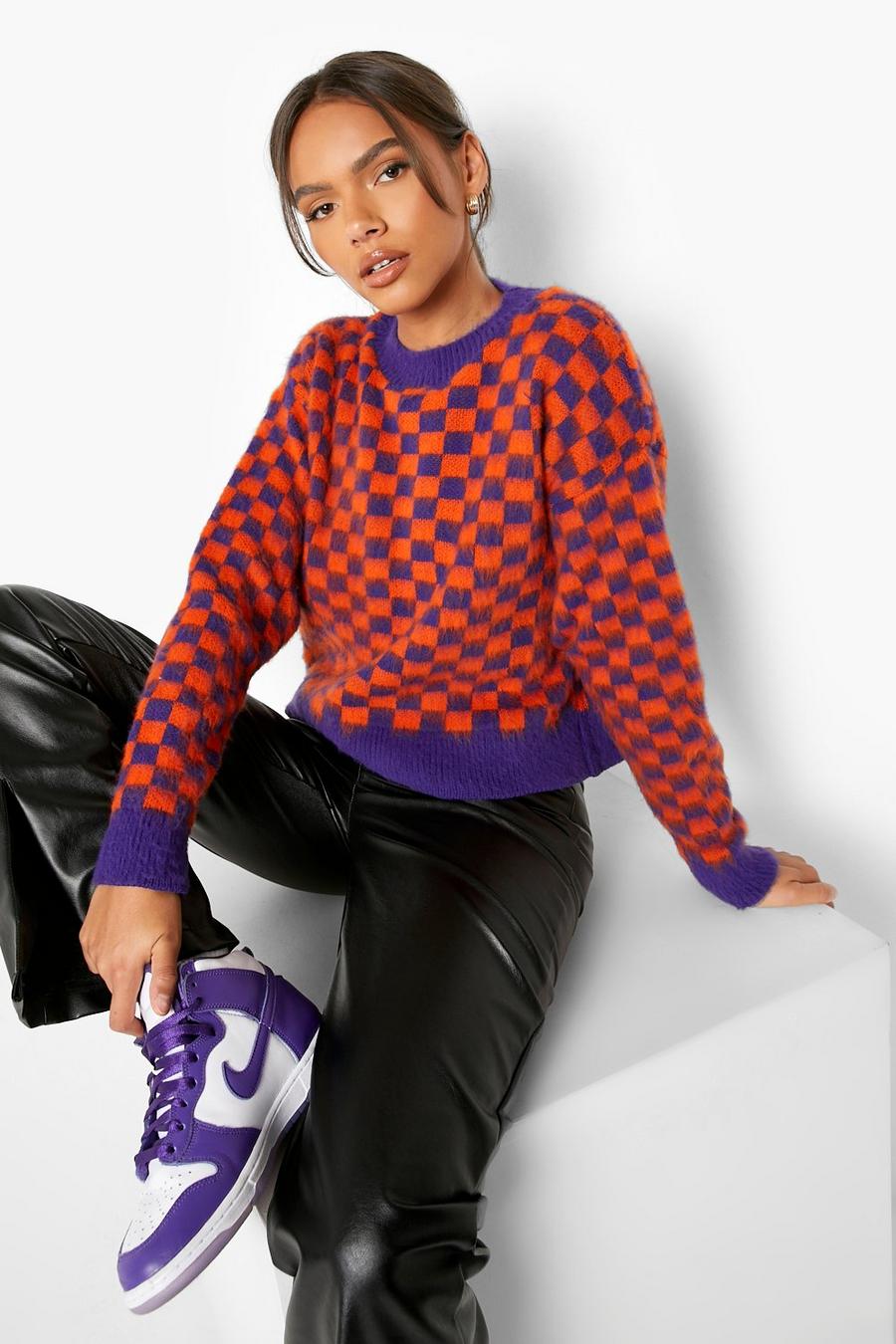 Purple Stickad tröja med rutmönster image number 1