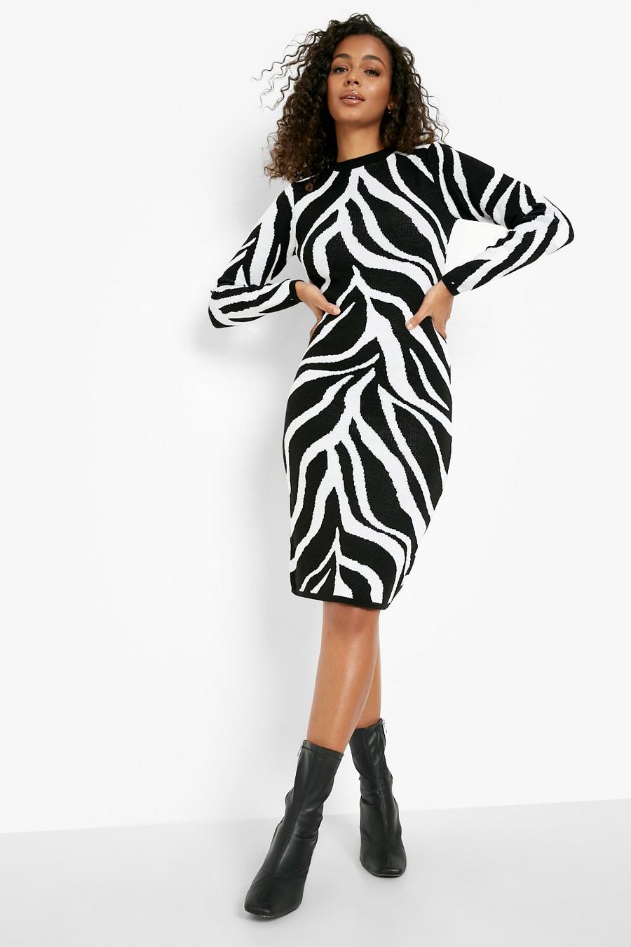 Black Zebra Print Backless Knitted Midi Dress image number 1