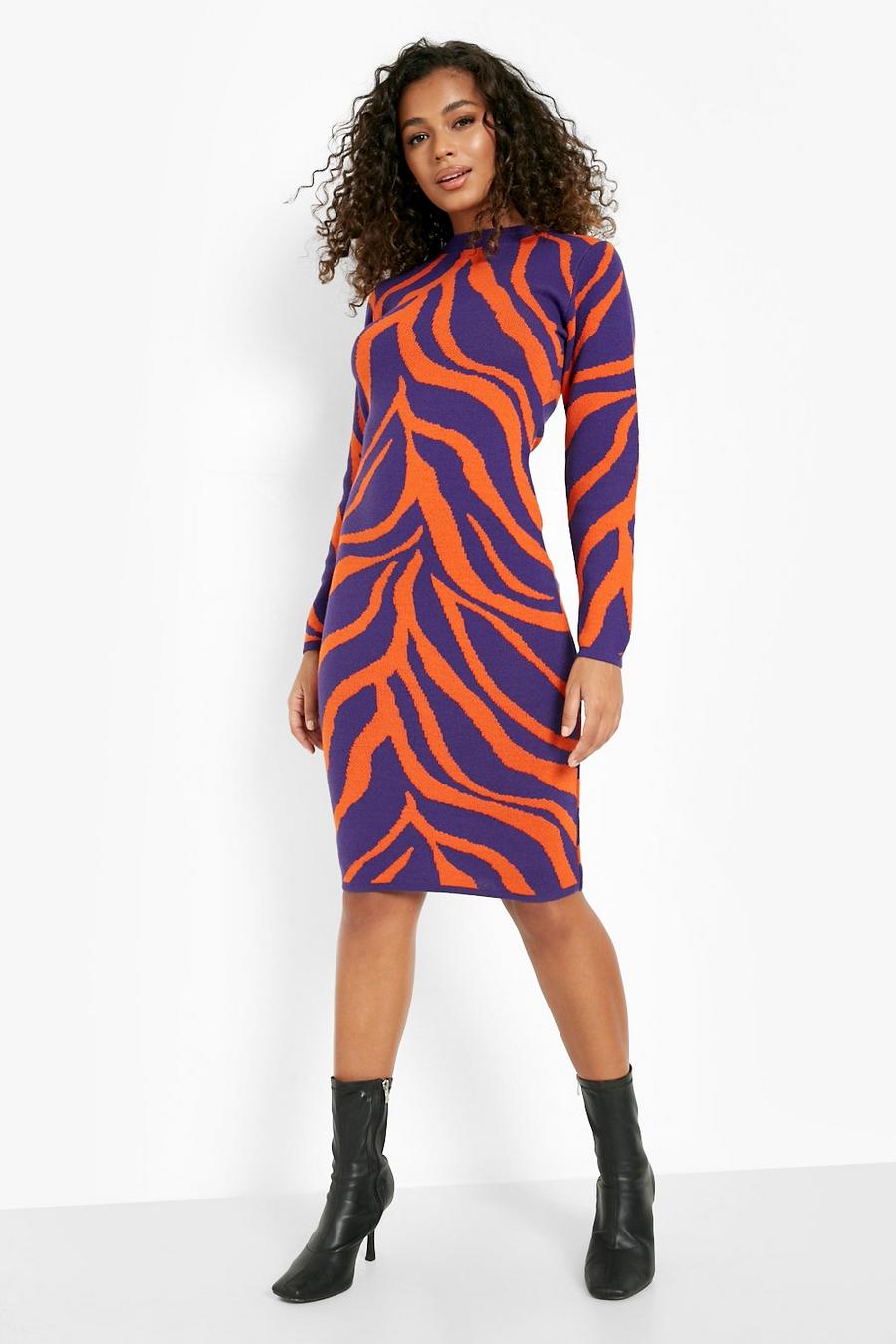 Purple Zebra Print Backless Knitted Midi Dress image number 1