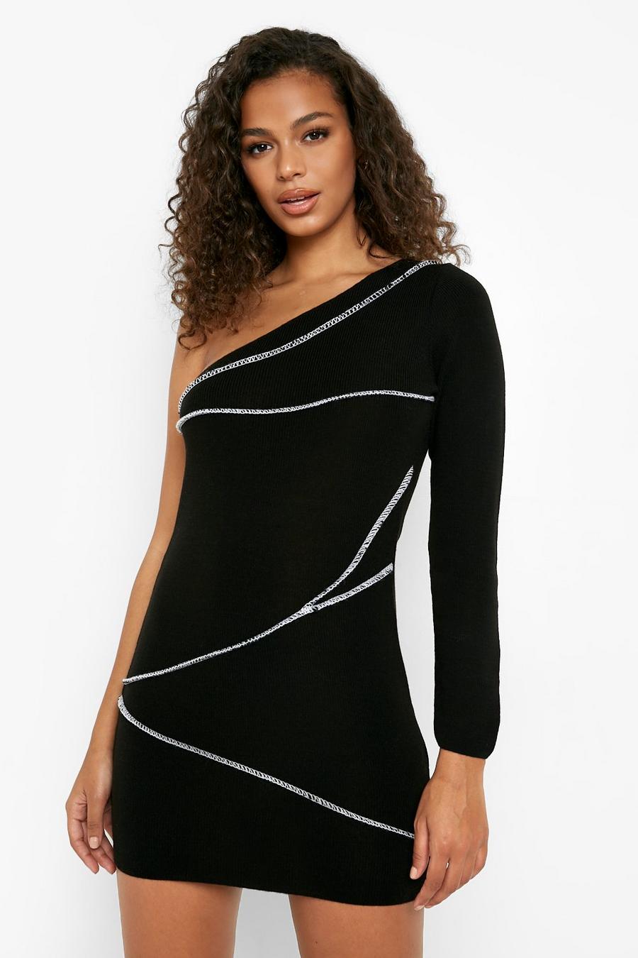 Black Exposed Seam Knitted One Sleeve Dress image number 1