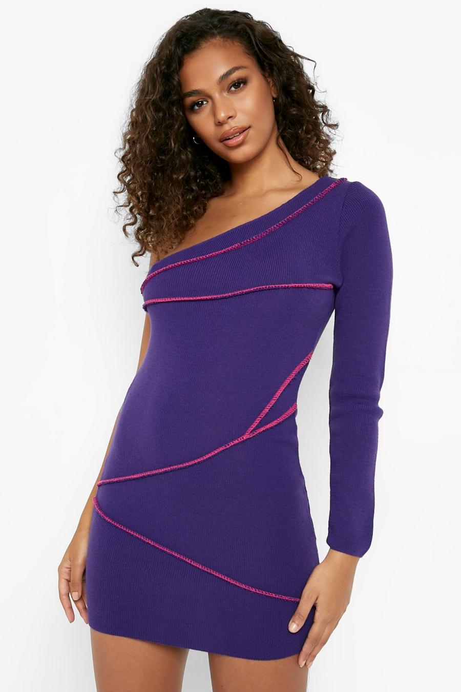 Purple Exposed Seam Knitted One Sleeve Dress image number 1