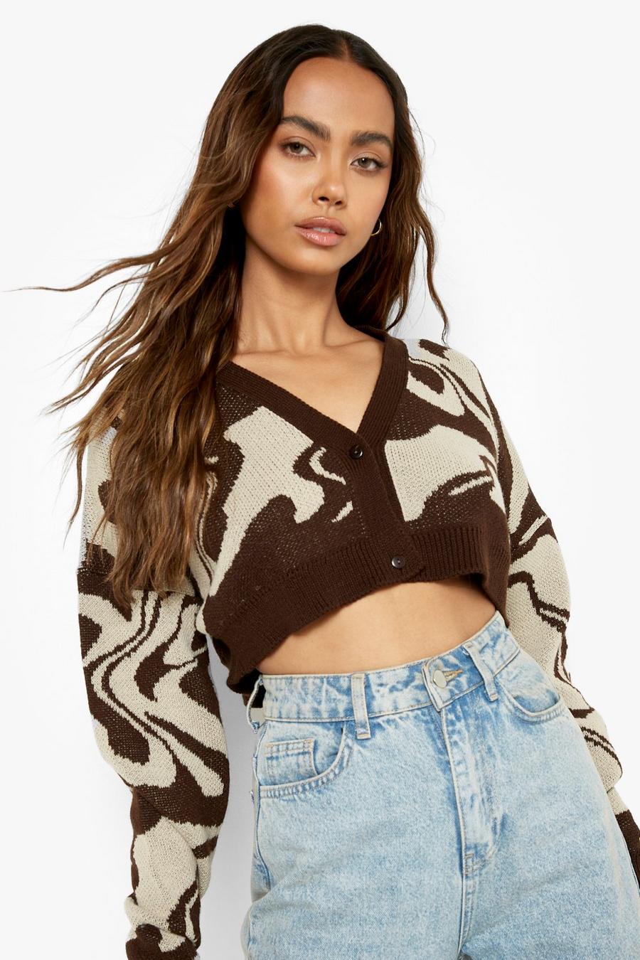 Chocolate marrone Marble Print Cropped Cardigan