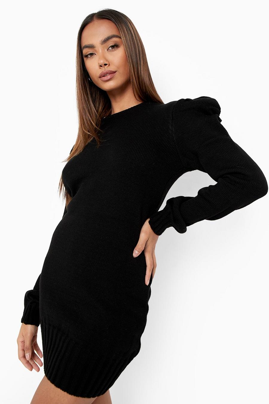Black Knitted Mini Dress With Puff Sleeves image number 1