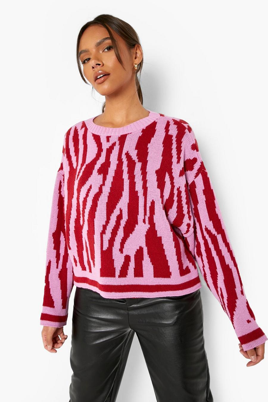 Red Zebra Print Knitted Jumper With Long Sleeves image number 1