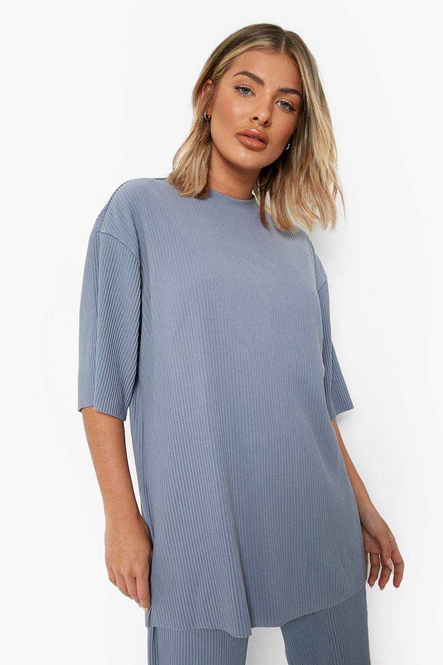 T-shirt oversize Premium plissettata, Slate blue azzurro