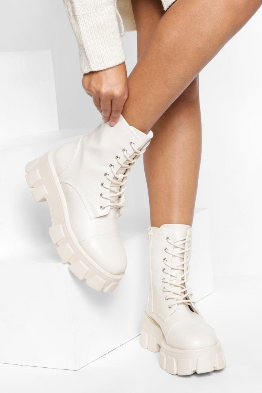 Cream Chunky Lug Sole Combat Boots image number 1