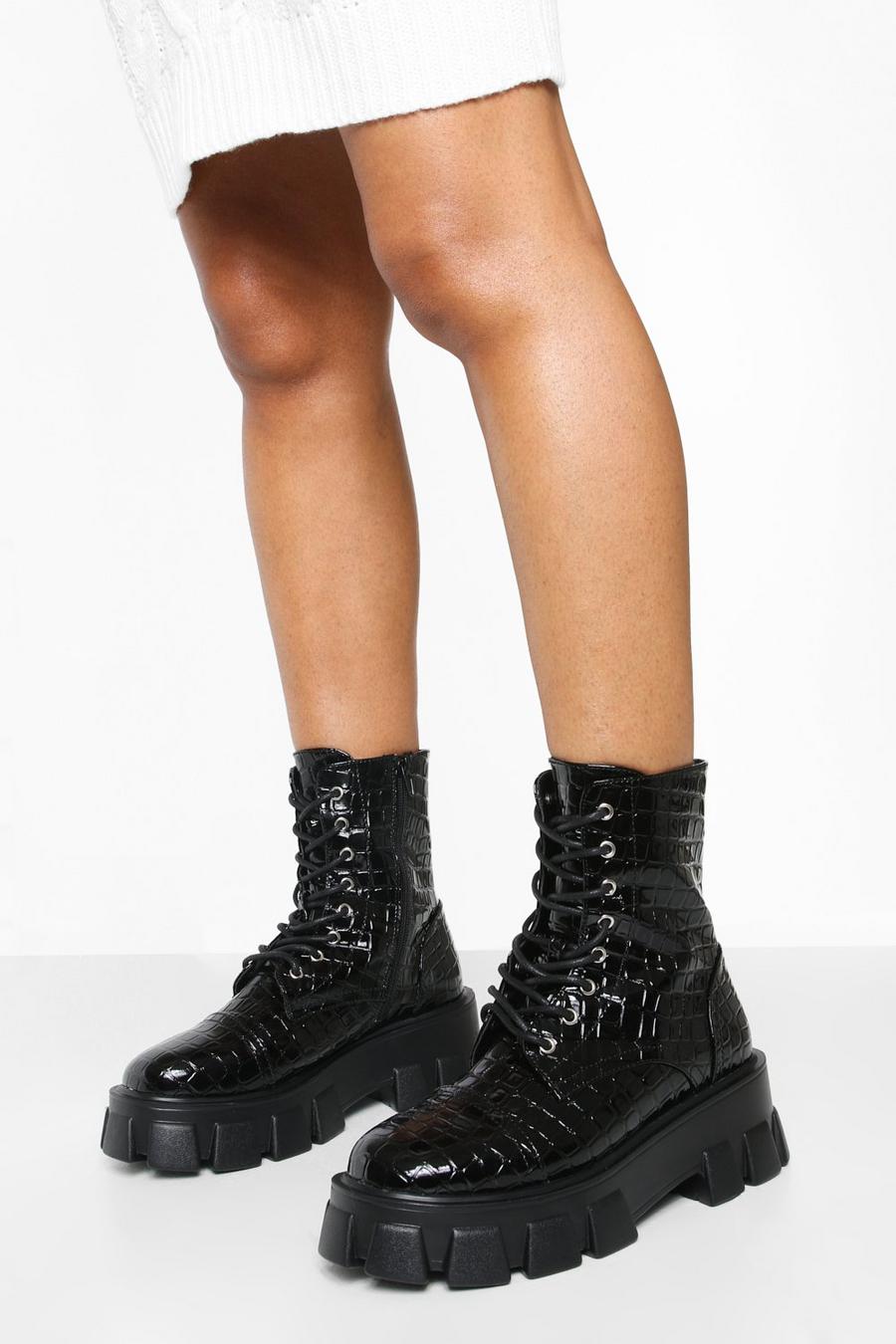 Black Patent Croc Chunky Cleated Sole Hiker Boots
