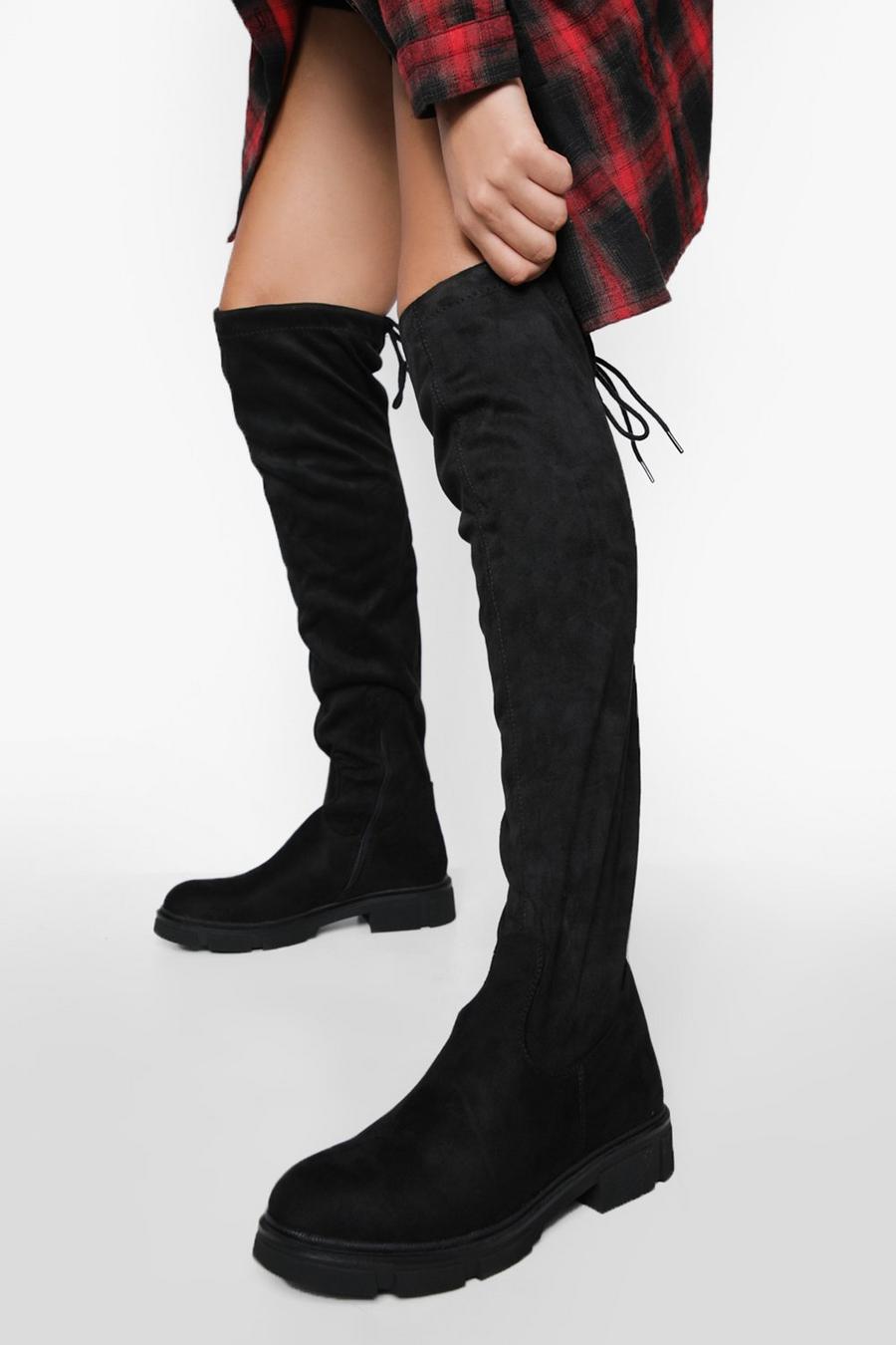 Black svart Stretch Chunky Over The Knee Boot