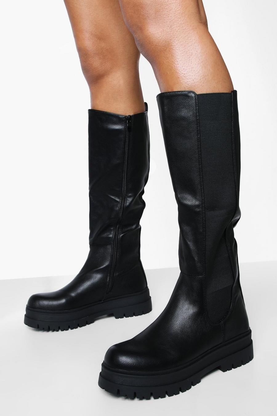 Black svart Chunky Knee High Chelsea Boots