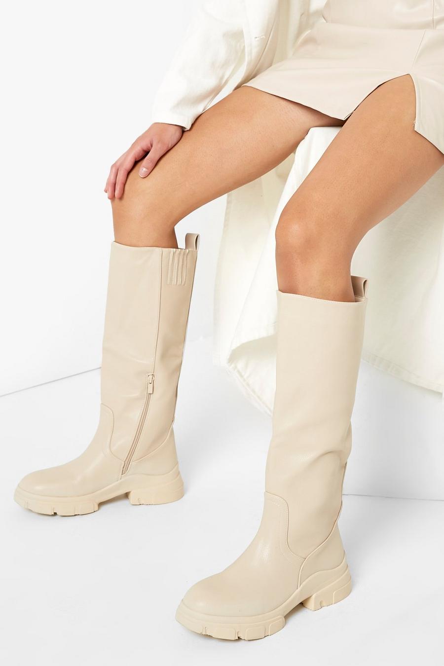 Cream white Waved Sole Chunky Knee High Boots image number 1