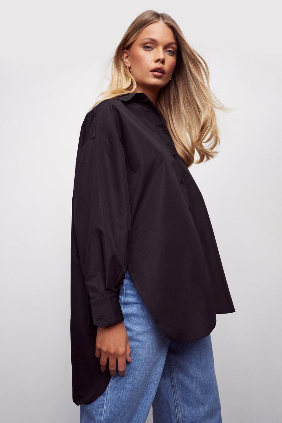 Camisa oversize de algodón popelina con caída en el bajo, Black image number 1