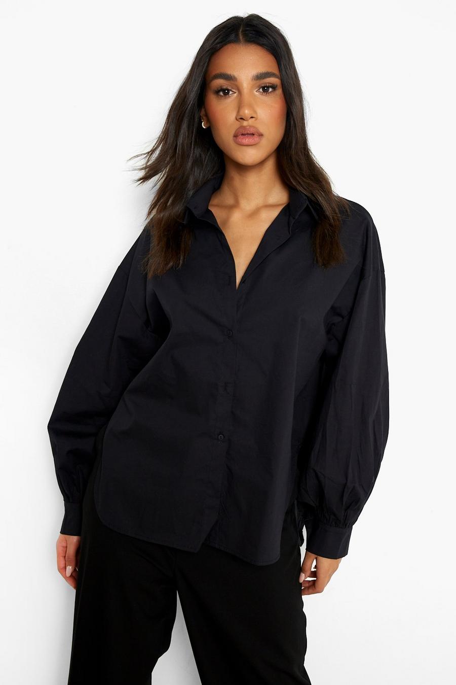 Black Oversized Puff Sleeve Cotton Poplin Shirt image number 1