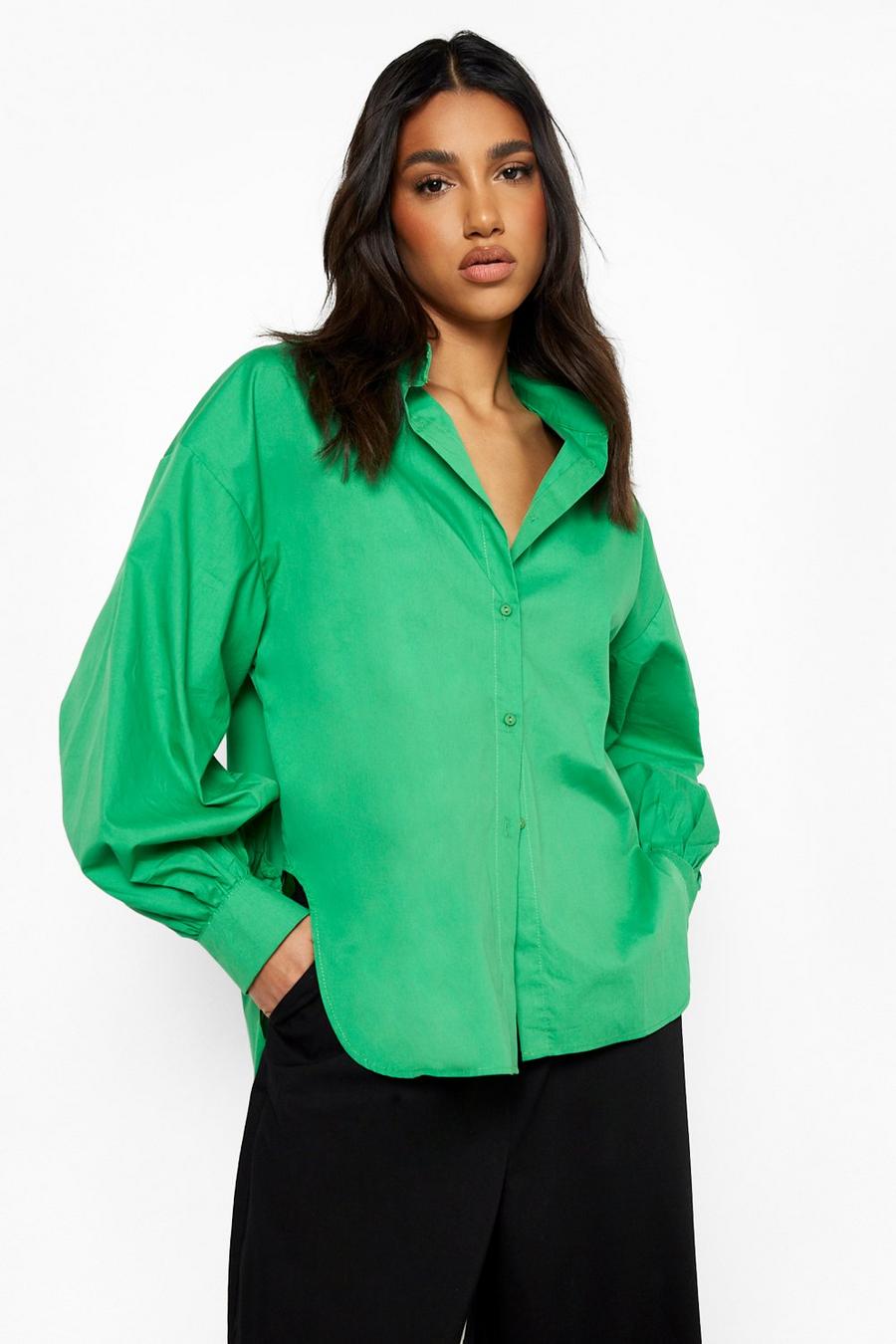 Bright green Oversized Puff Sleeve Cotton Poplin Shirt image number 1