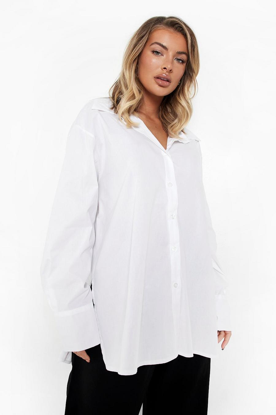 Camicia in cotone popeline oversize con spacco, Ivory image number 1