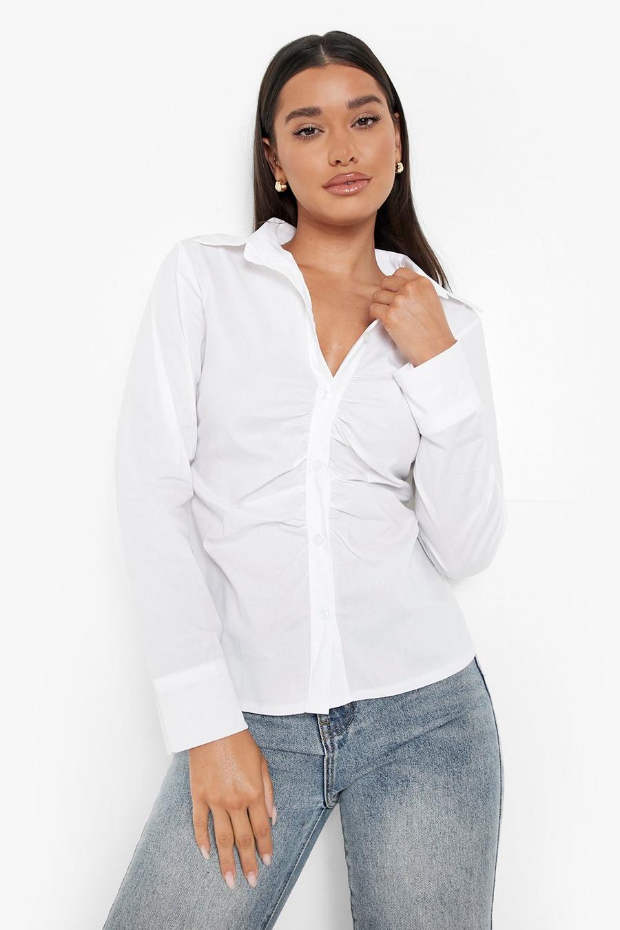 Ivory Ruched Front Cotton Poplin Shirt image number 1