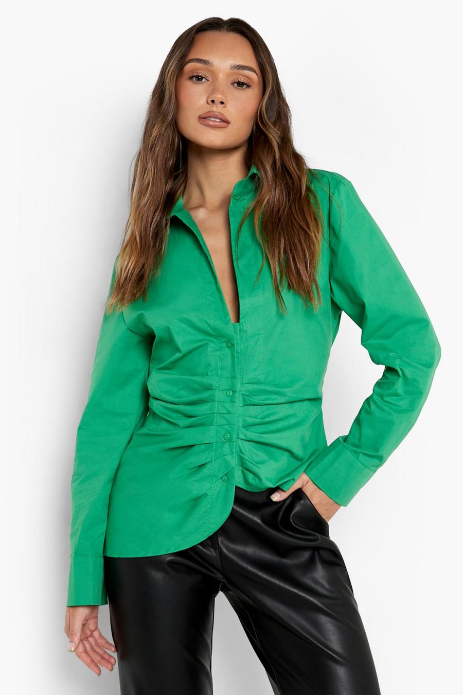 Bright green Ruched Front Cotton Poplin Shirt image number 1