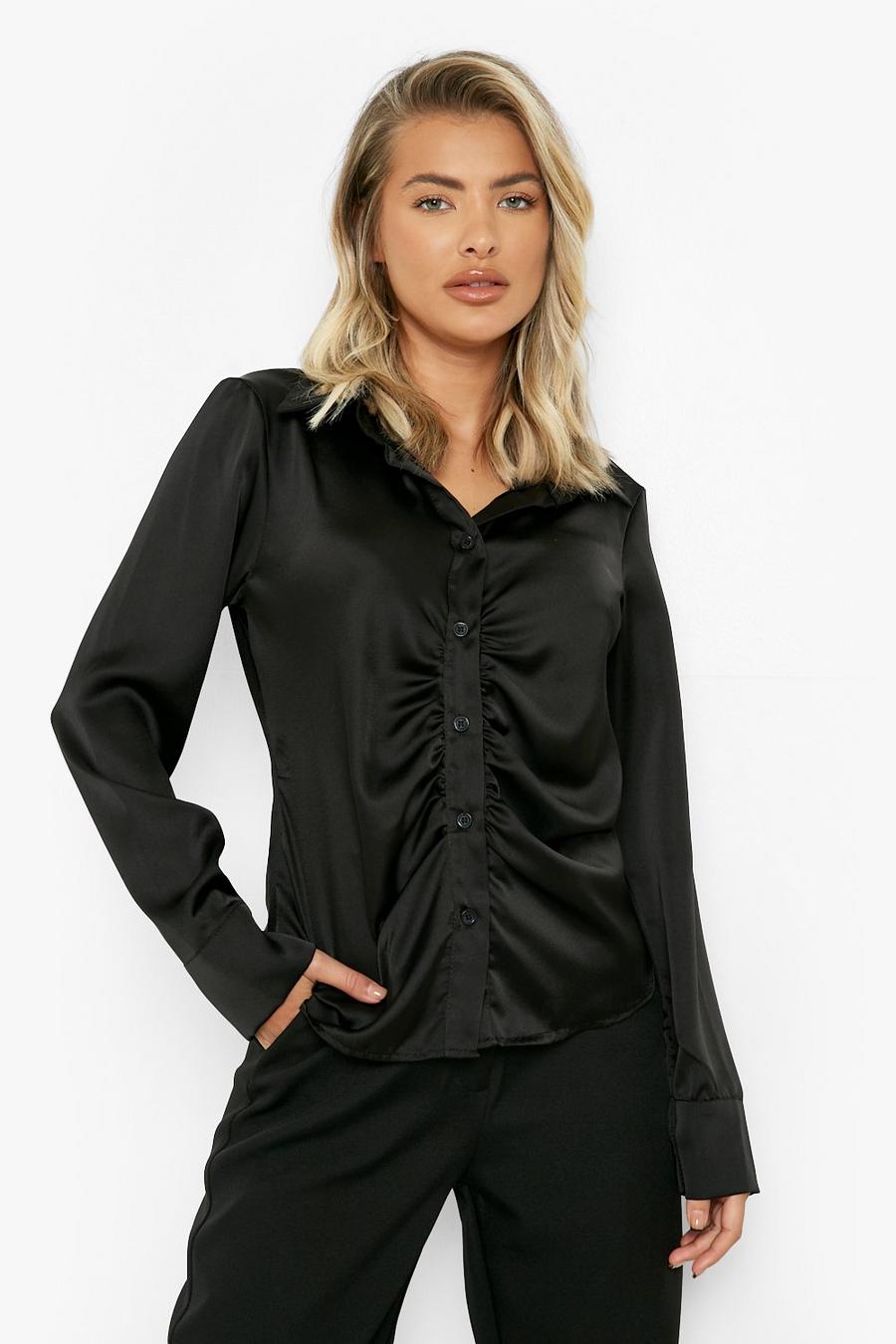 Black Satin Ruched Front Fitted Shirt image number 1