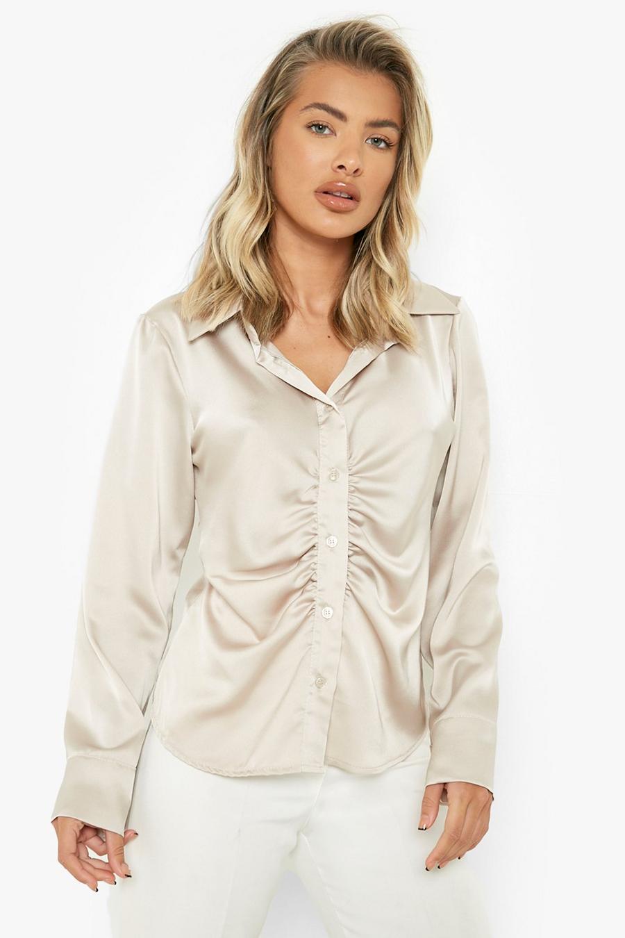 Sand Satin Ruched Front Fitted Shirt image number 1
