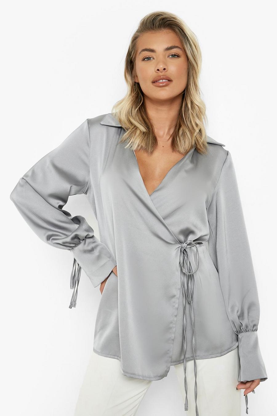 Silver Satin Wrap Front Puff Sleeve Shirt image number 1