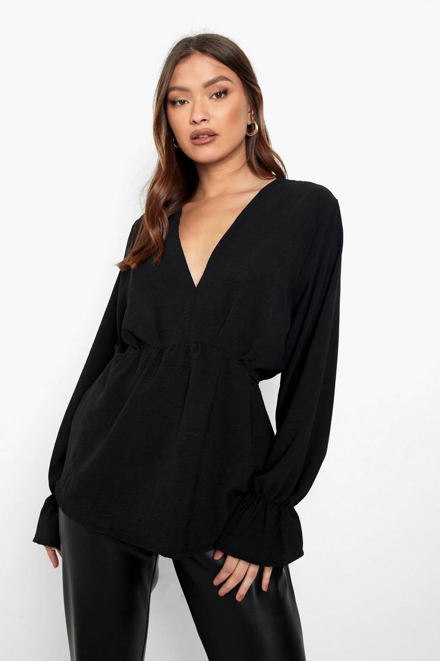 Black Waist Detail Puff Sleeve Textured Blouse image number 1
