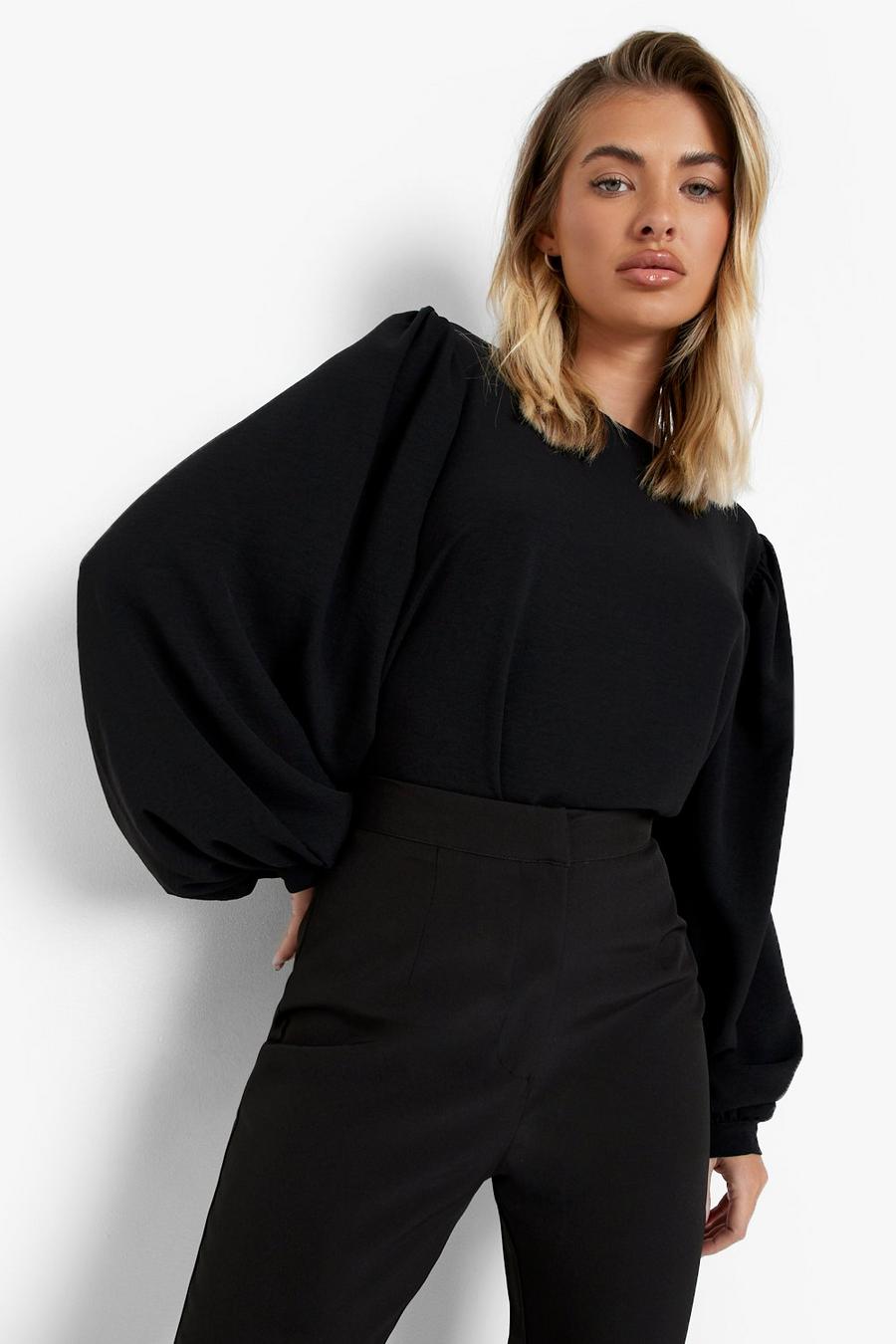 Black Puff Sleeve Textured Blouse image number 1