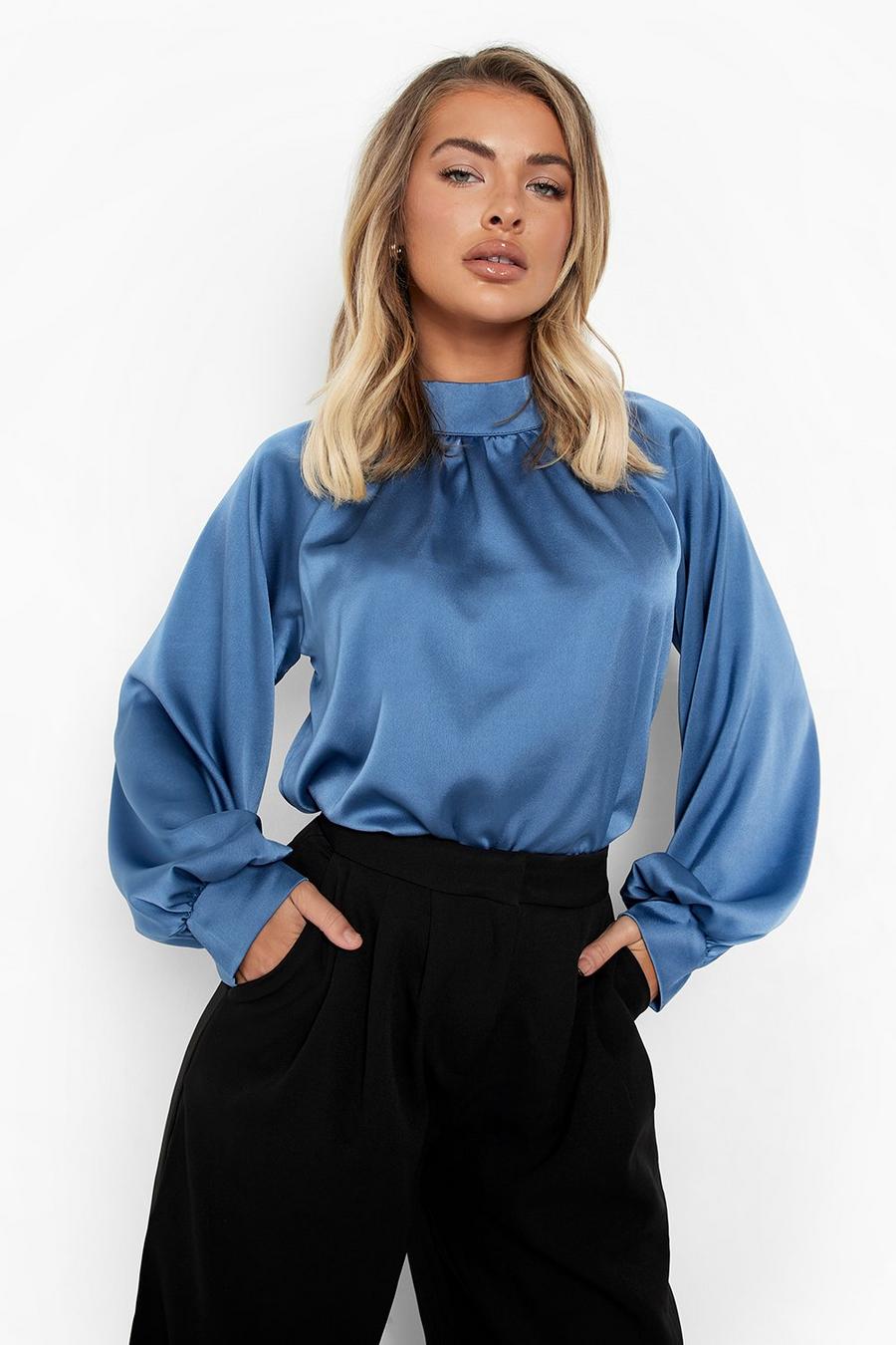 Navy Satin Puff Sleeve High Neck Blouse image number 1