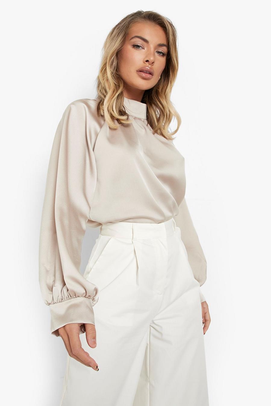 Sand Satin Puff Sleeve High Neck Blouse image number 1