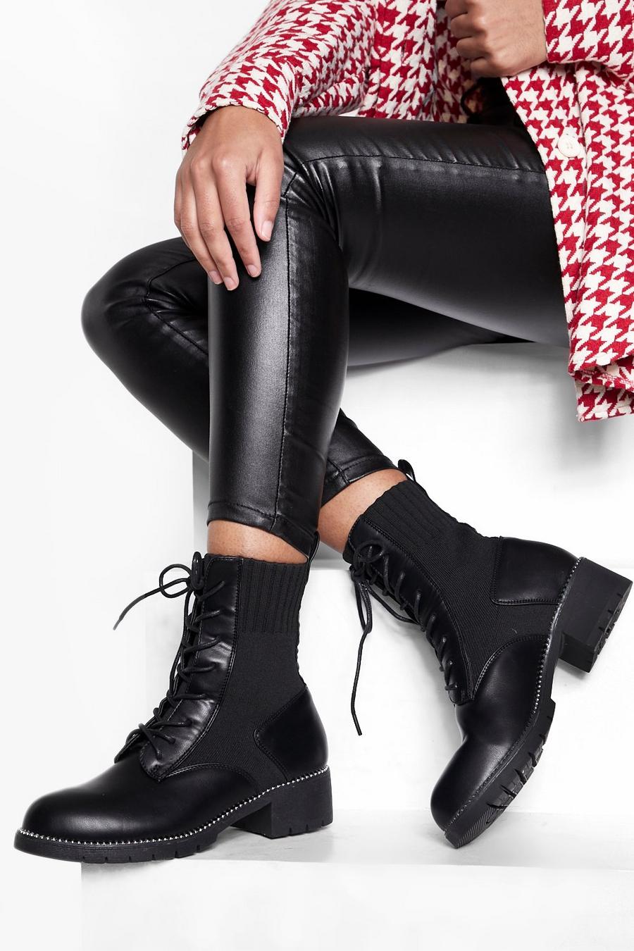Black Knitted Pu Mix Lace Up Combat Boots image number 1