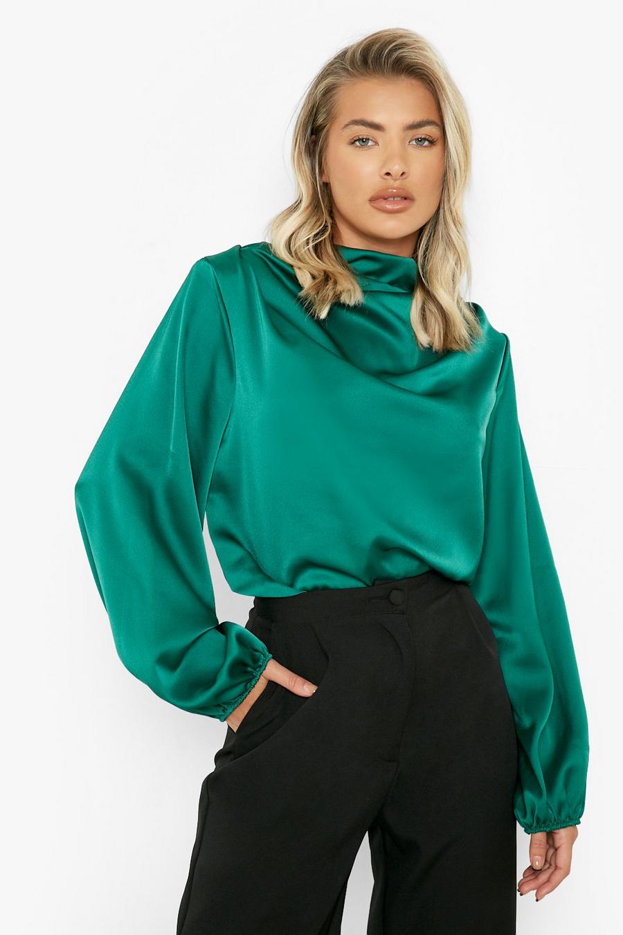 Bright green Satin Draped Neck Puff Sleeve Blouse image number 1