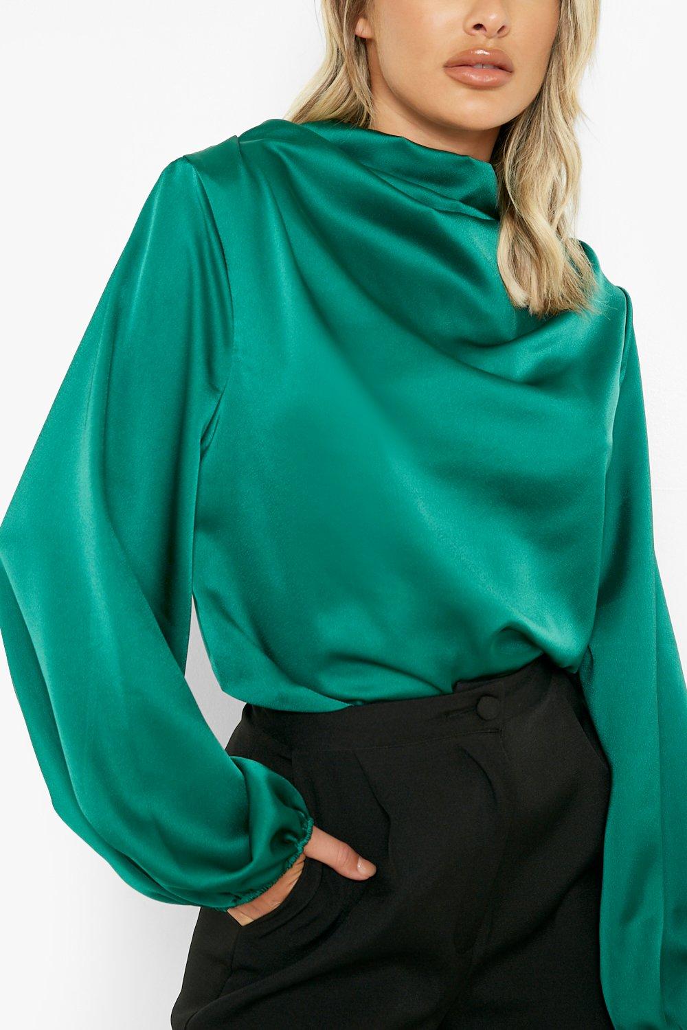 Women's Green Satin Draped Neck Volume Sleeve Blouse | Boohoo UK