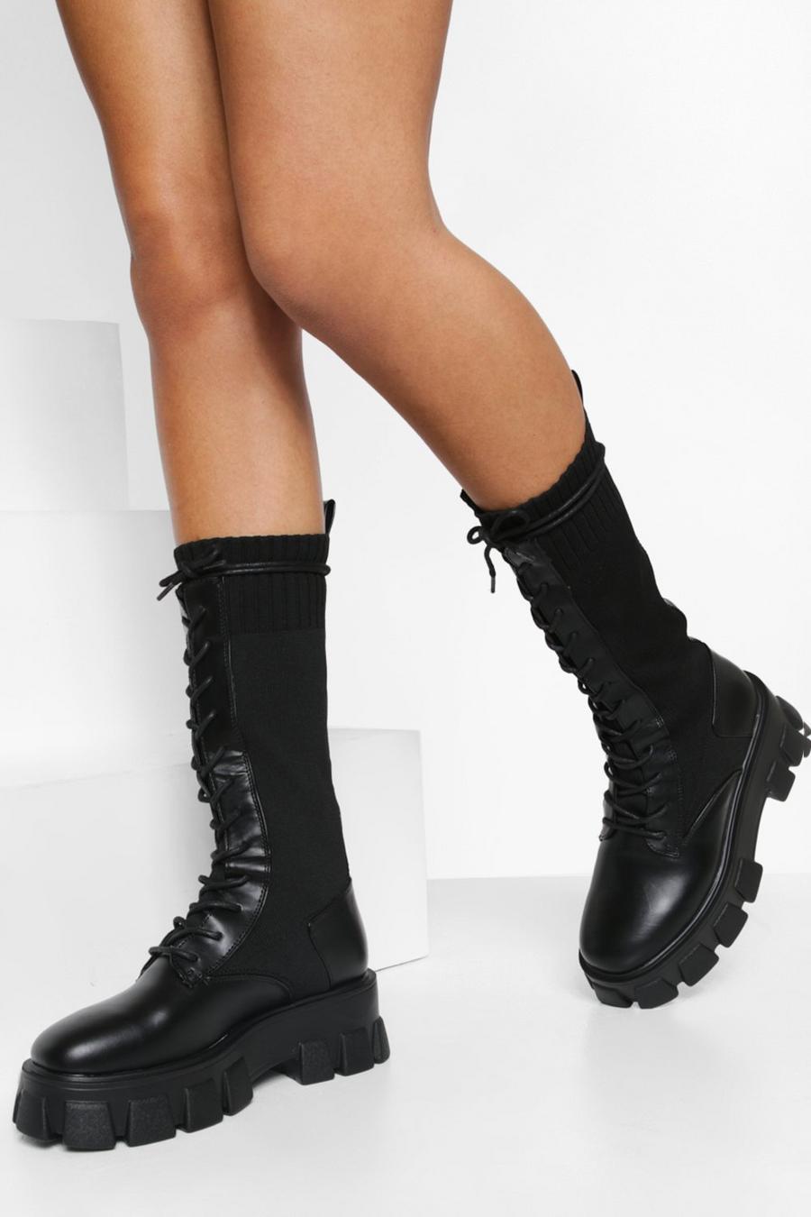 Black svart Chunky Lace Up Calf High Boots