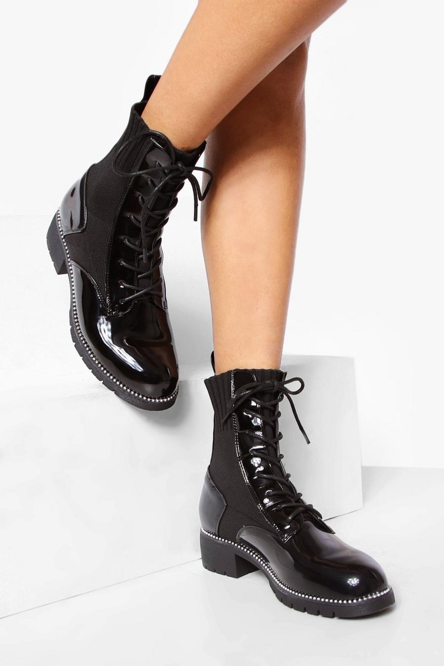 Black Patent Pu Mix Lace Up Hiker Boots image number 1
