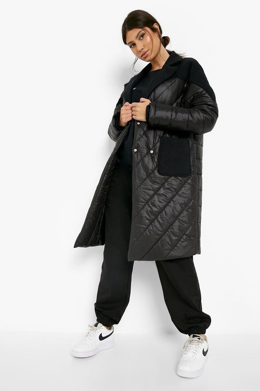 Manteau matelassé à empiècements effet laine , Black image number 1