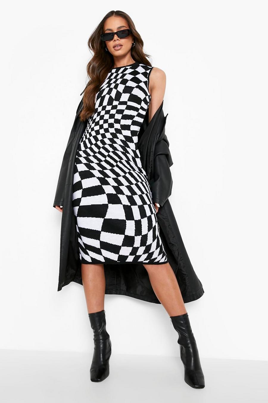 Black Wavy Check Knitted Midi Dress image number 1