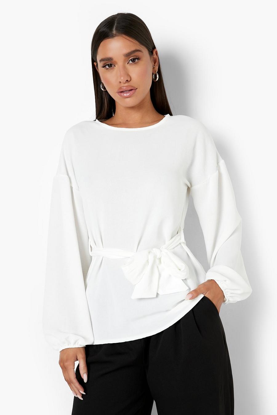 Ivory Puff Sleeve Tie Waist Textured Blouse image number 1