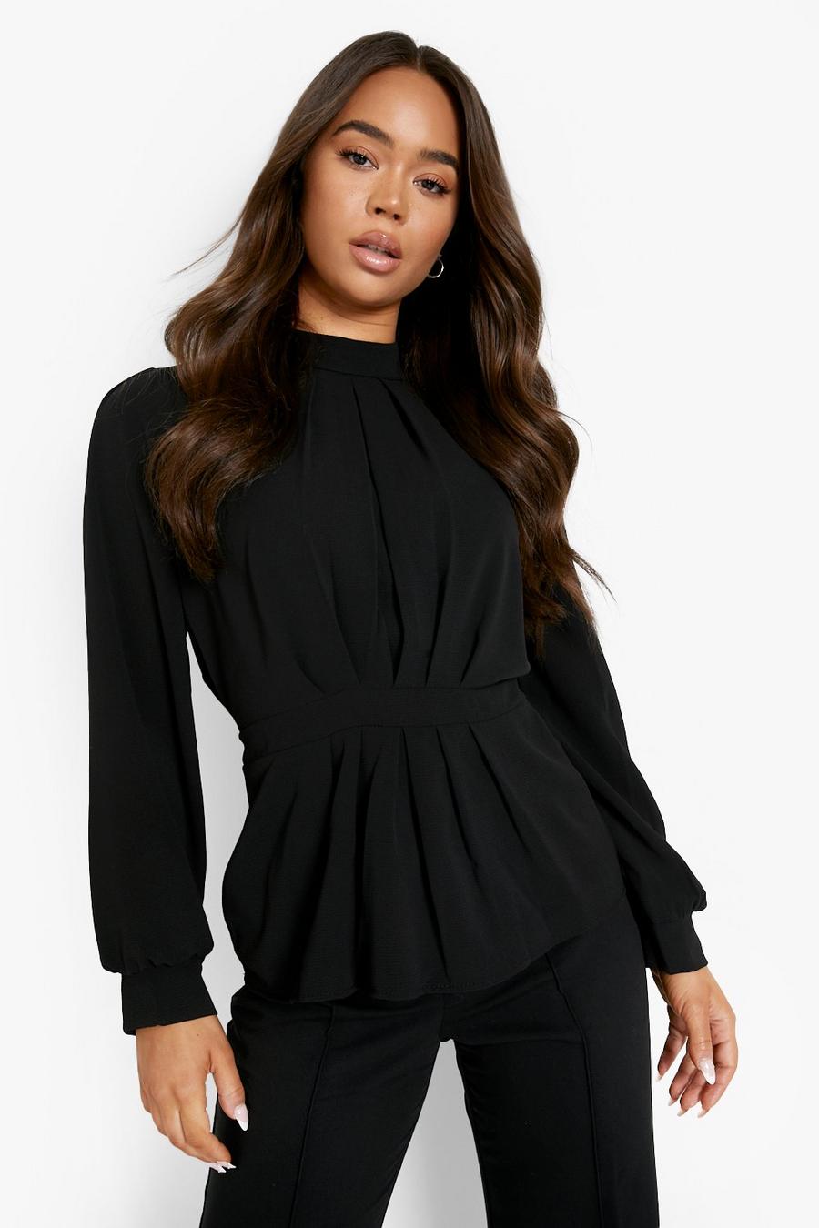 Black Puff Sleeve Pleat Front Blouse image number 1